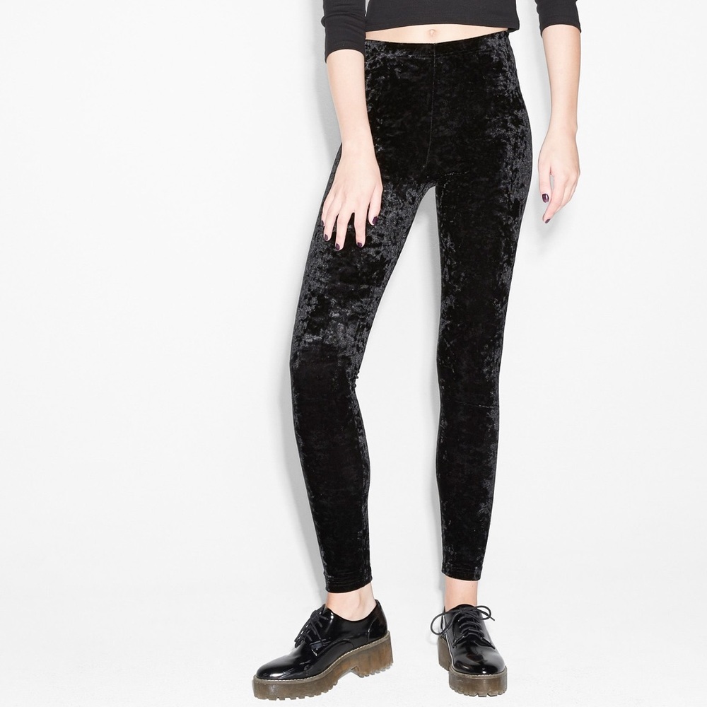 Monki Velvet Long Black Leggings Full Length XS